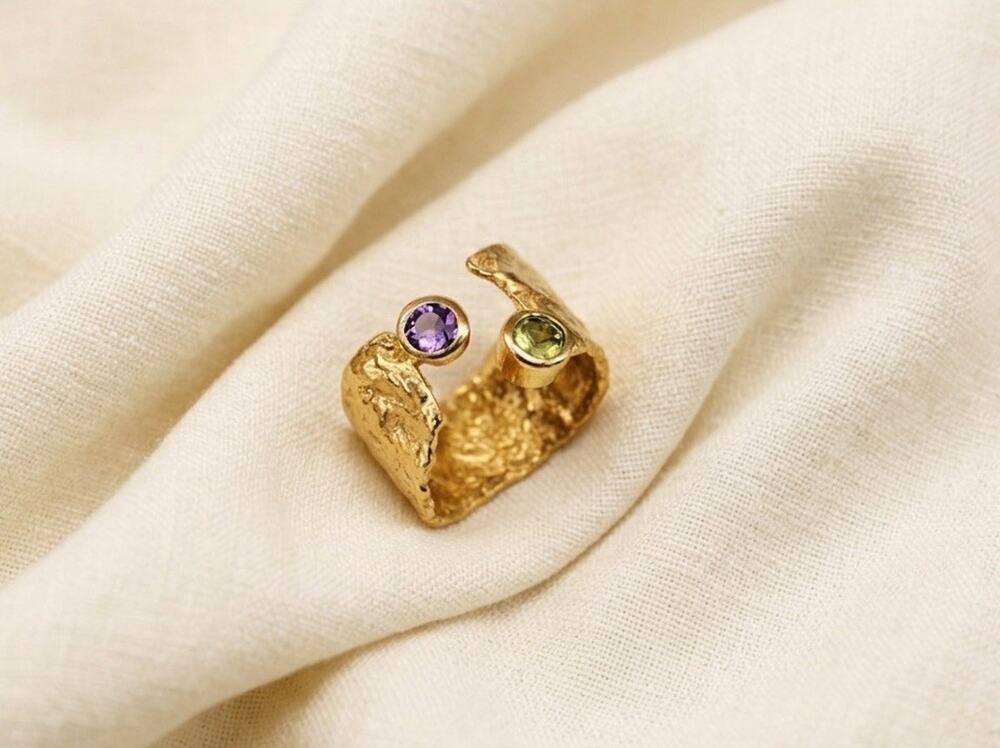 Hammered Ring Citrine Gold Sz 7 Amethyst Molten Open Boho Bezel Crystal CZ VTG